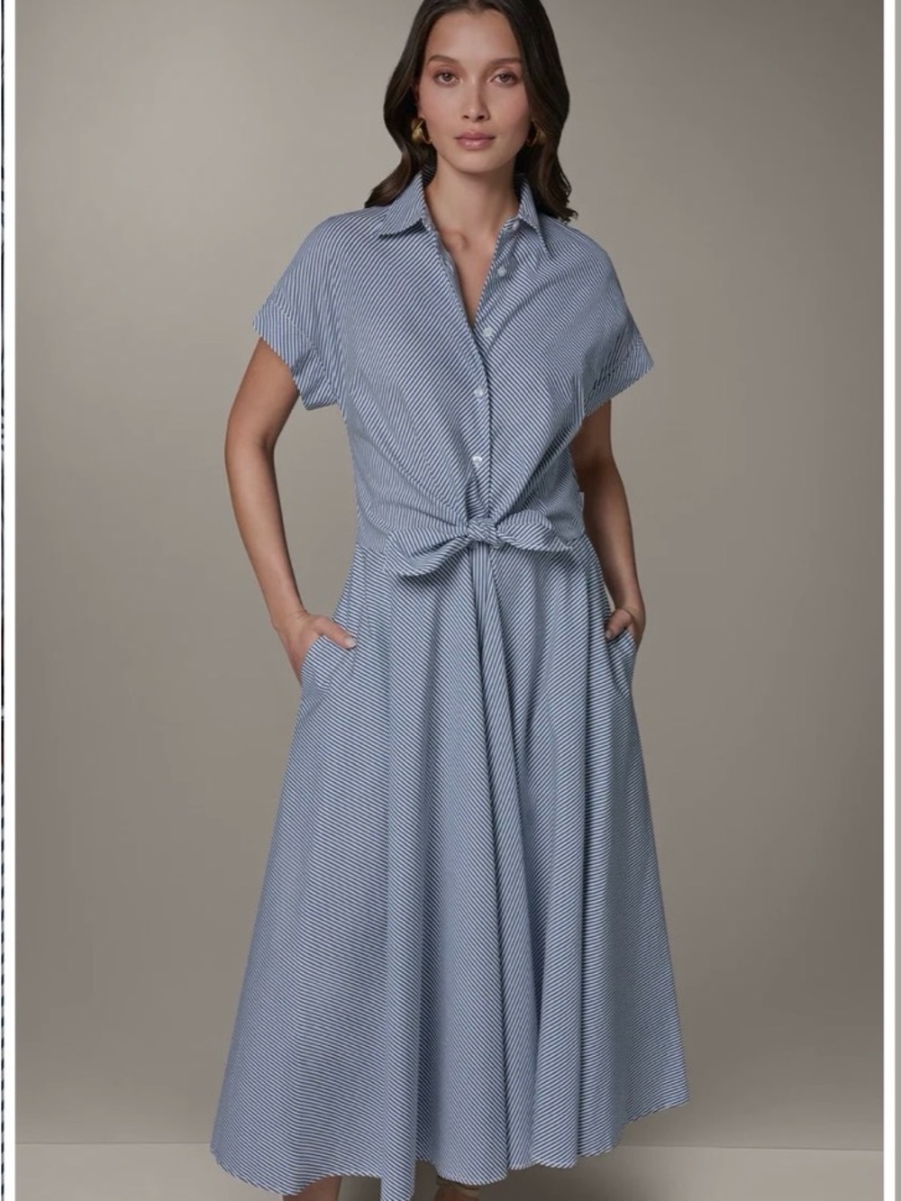 Donna Karan Weekend Stripe Tie Front Maxi Shirt Dress L NWT $199 Blue White